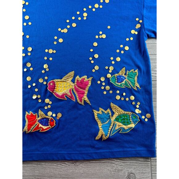 VTG Arlando Women's Blue Sequin Embroidered Fish Graphics Crew Neck Tee Large - Picture 5 of 11